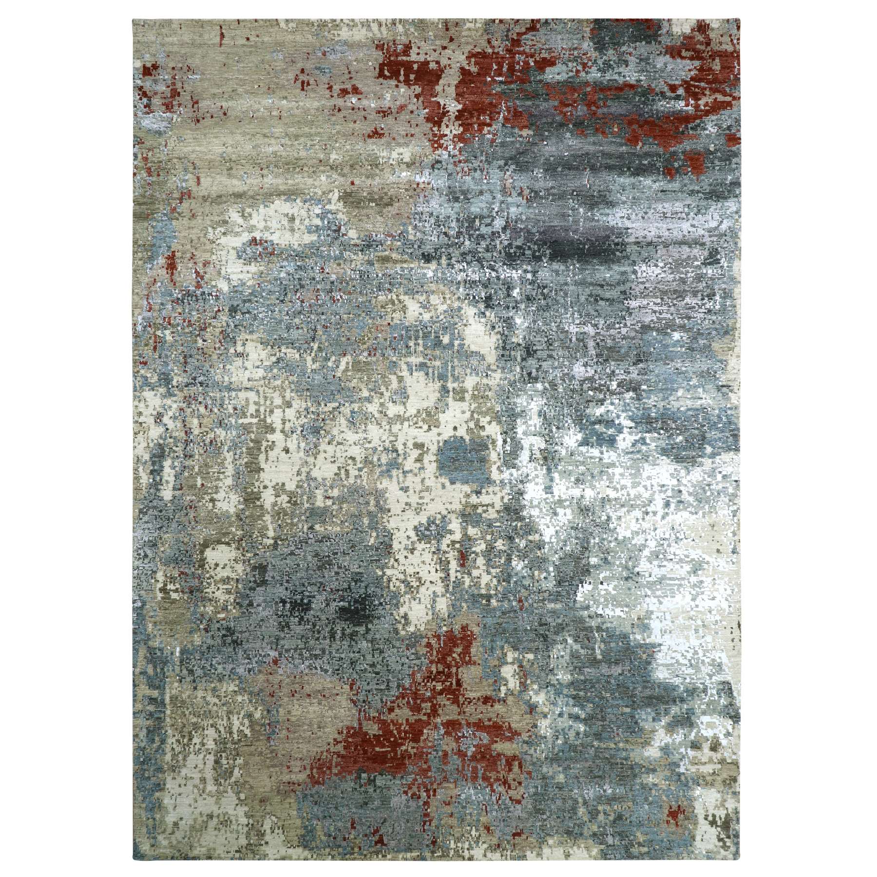 Blue with Beige, Hand Knotted, Persian Knot, Abstract with Galaxy Design, 100% Wool, Densely Woven, Oriental Rug